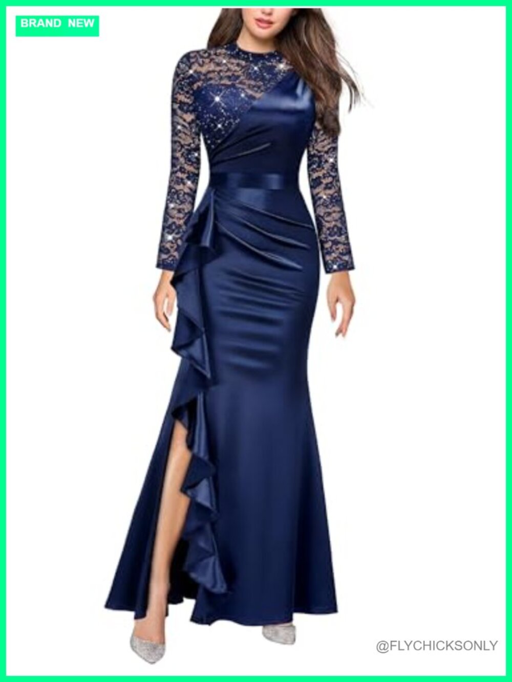 Lace Satin Formal Evening Gown Ruched High Split Ruffle Maxi Dress
